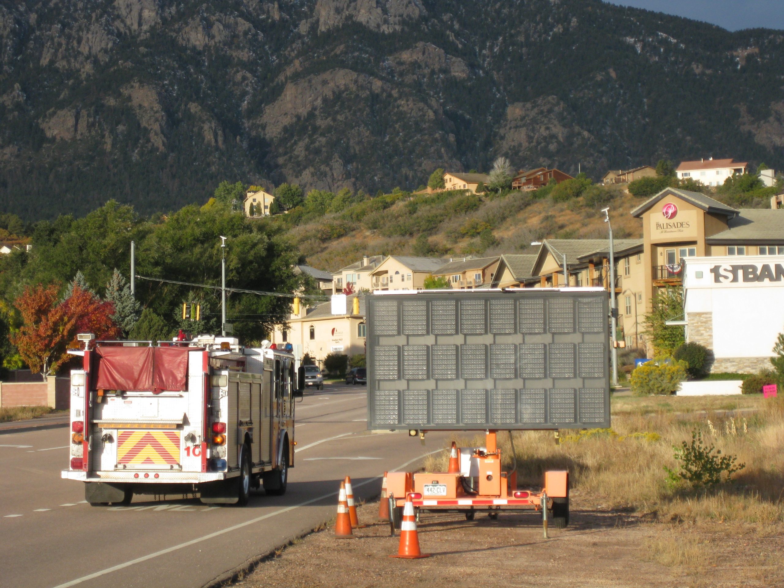 A fire truck on its way to the staging area.