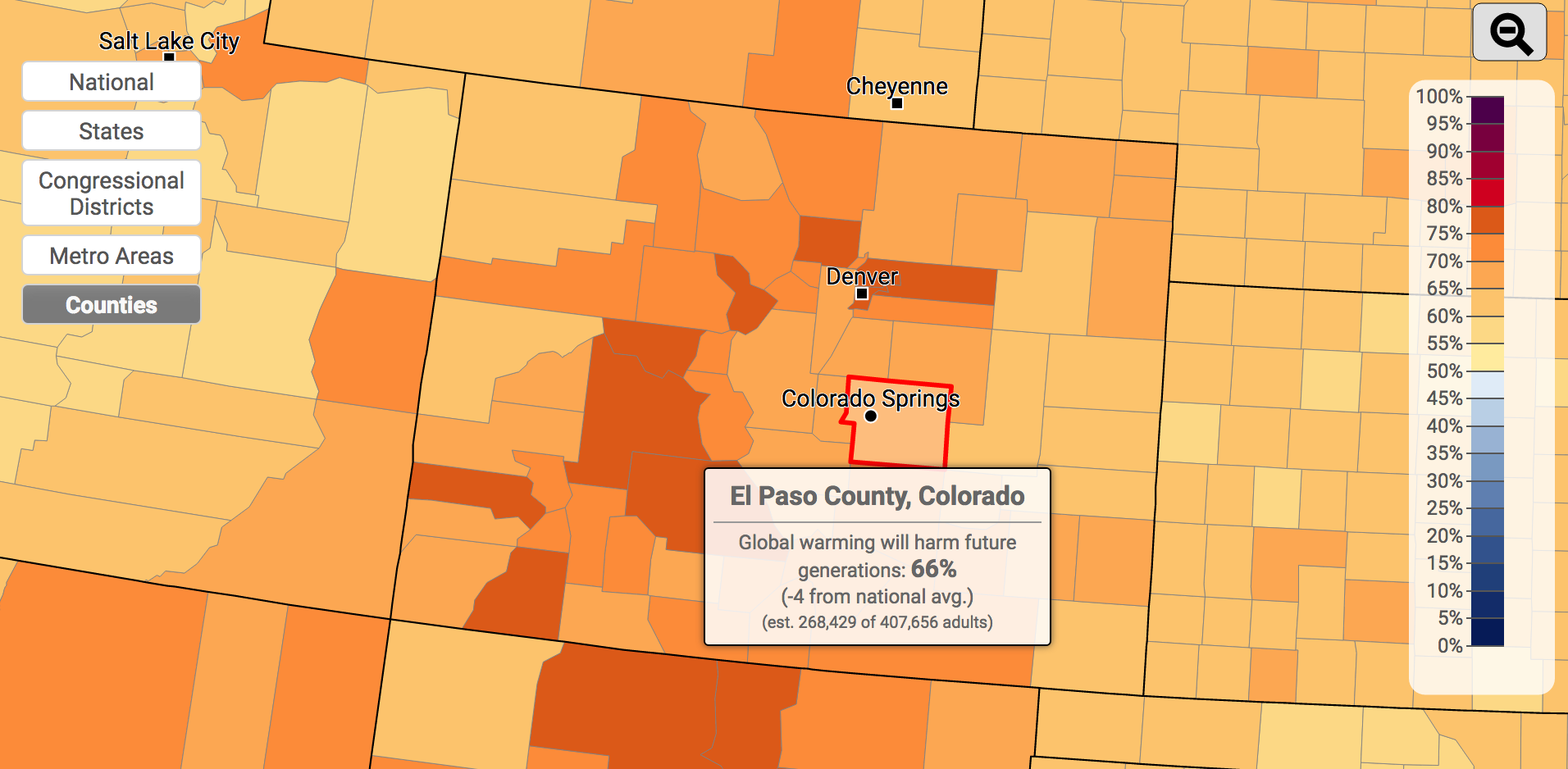 A map of Colorado with various hues of orange and yellow.