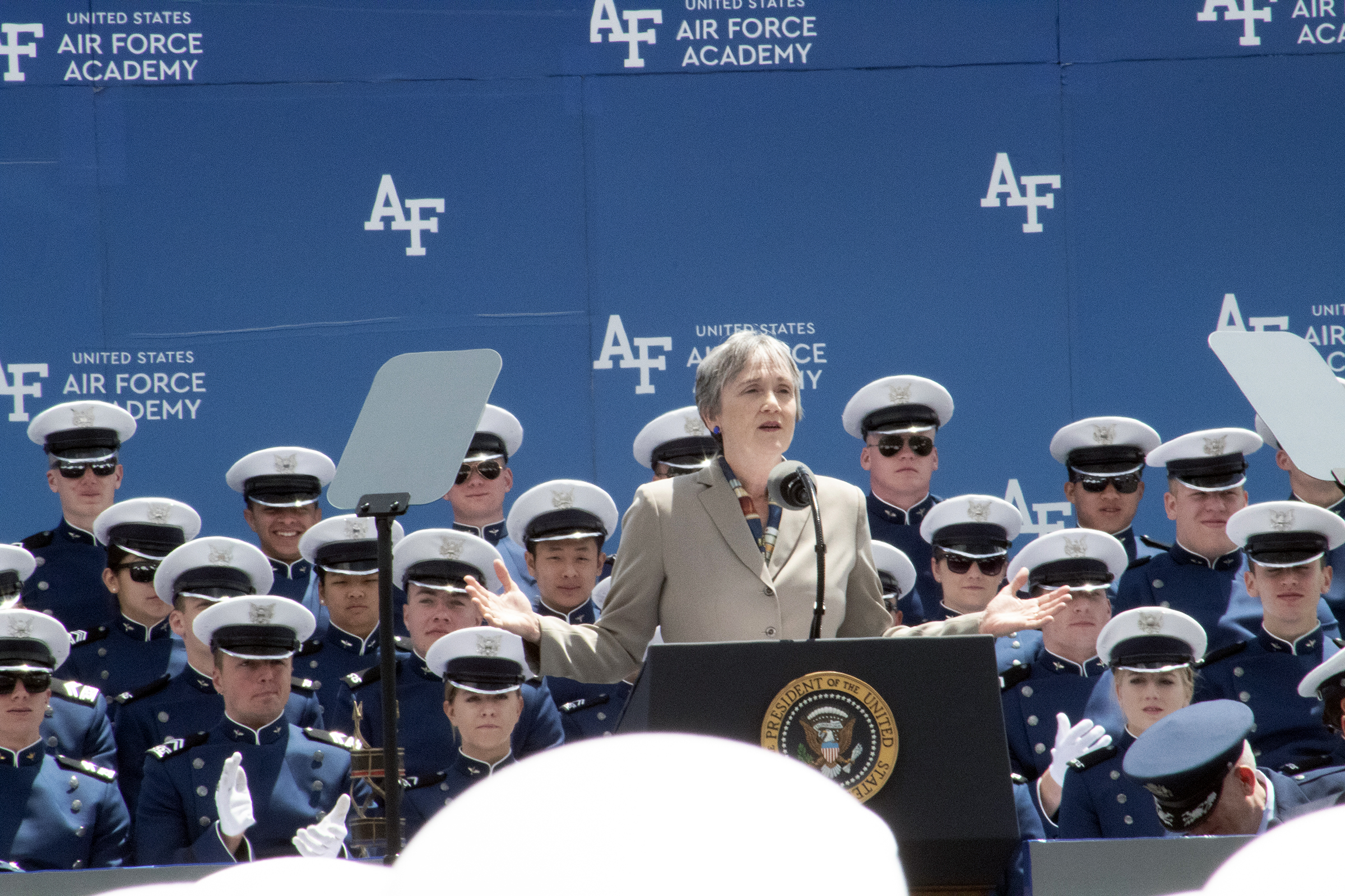 Secretary of the Air Force Heather Wilson addresses cadets.