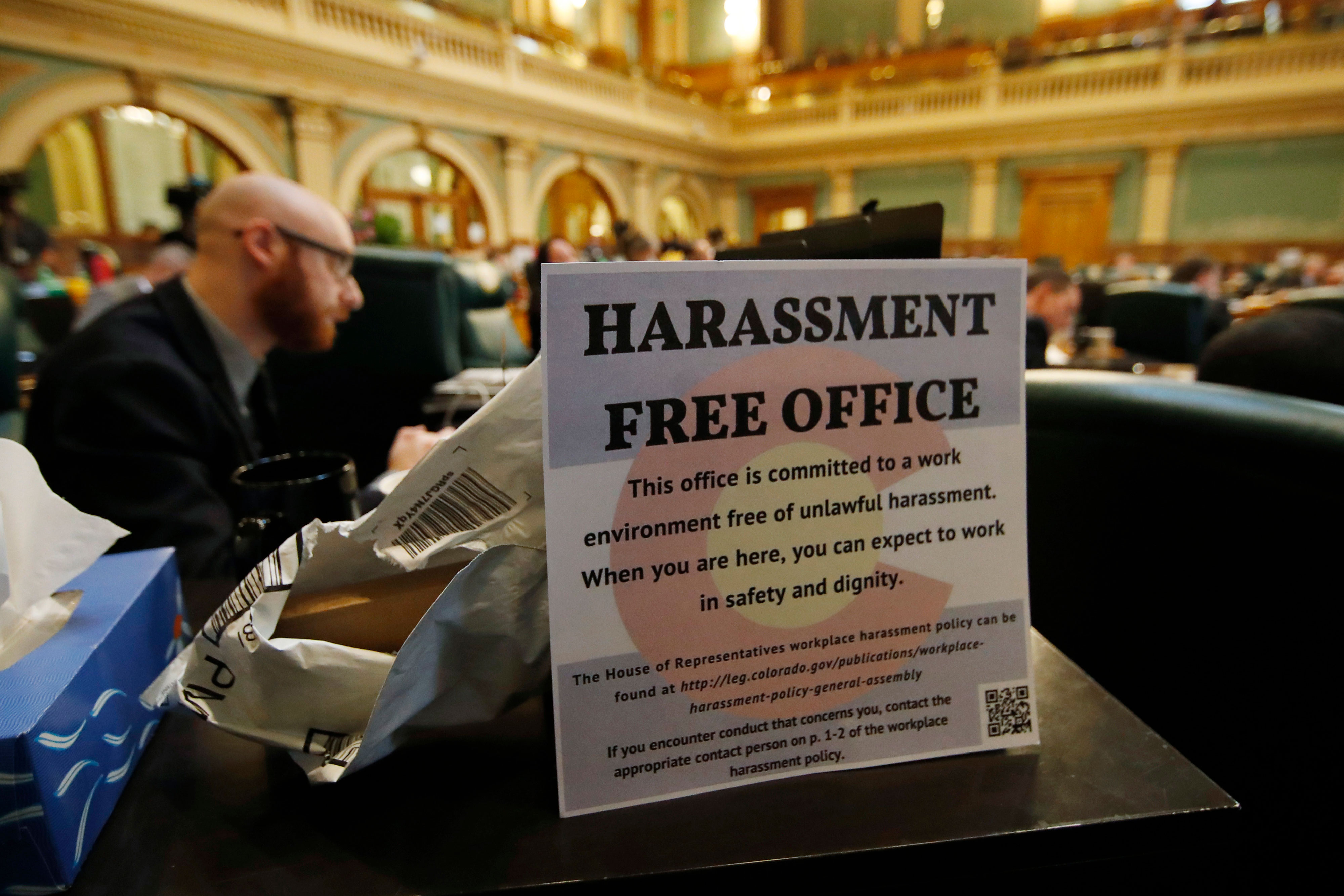 Photo: Colorado Legislature Sexual Misconduct | Desk Sign - AP