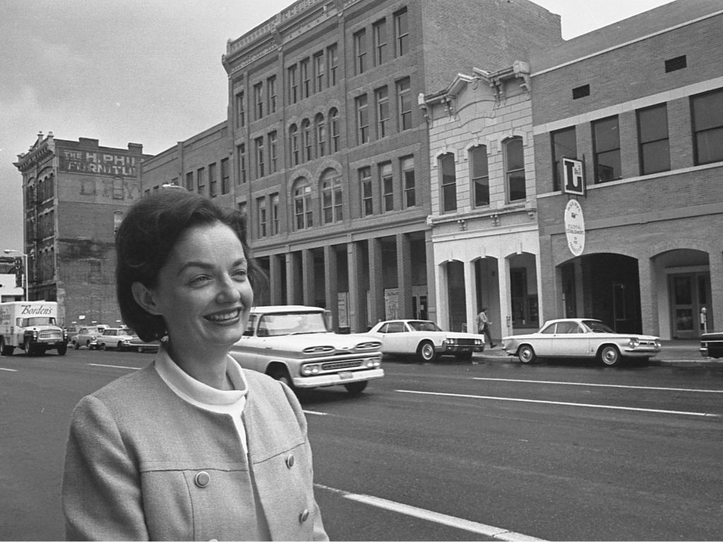 Black and white photo of a young Dana Crawford in 1966 in Denver