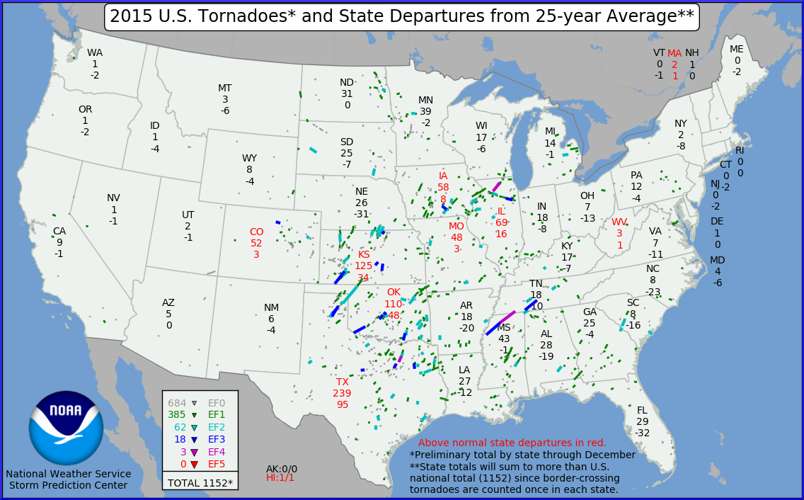 Graphic: NOAA 2015 Tornadoes State Departures From 25-Year Average