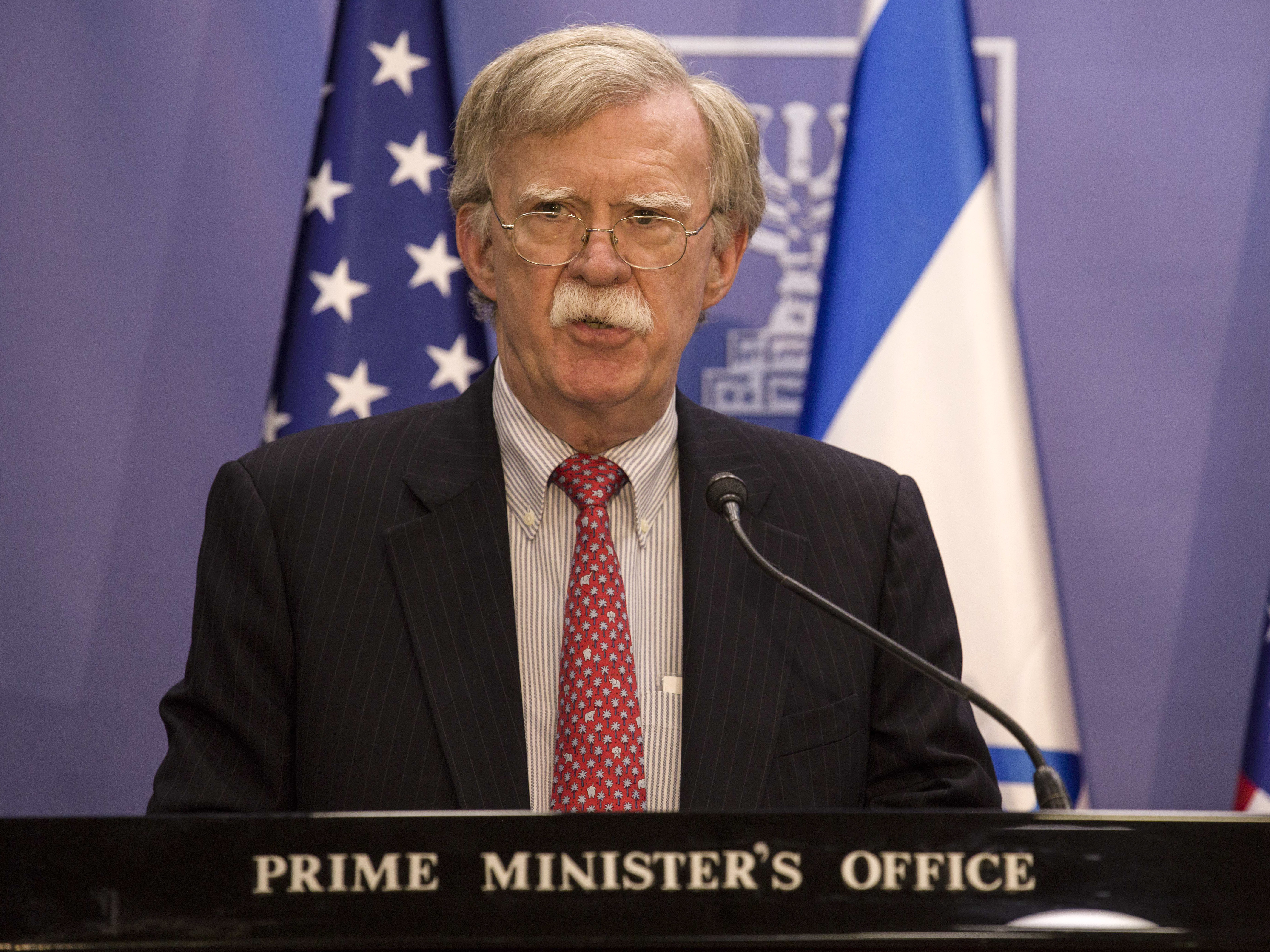 U.S. National Security Advisor John Bolton speaks to the media in Jerusalem Sunday.