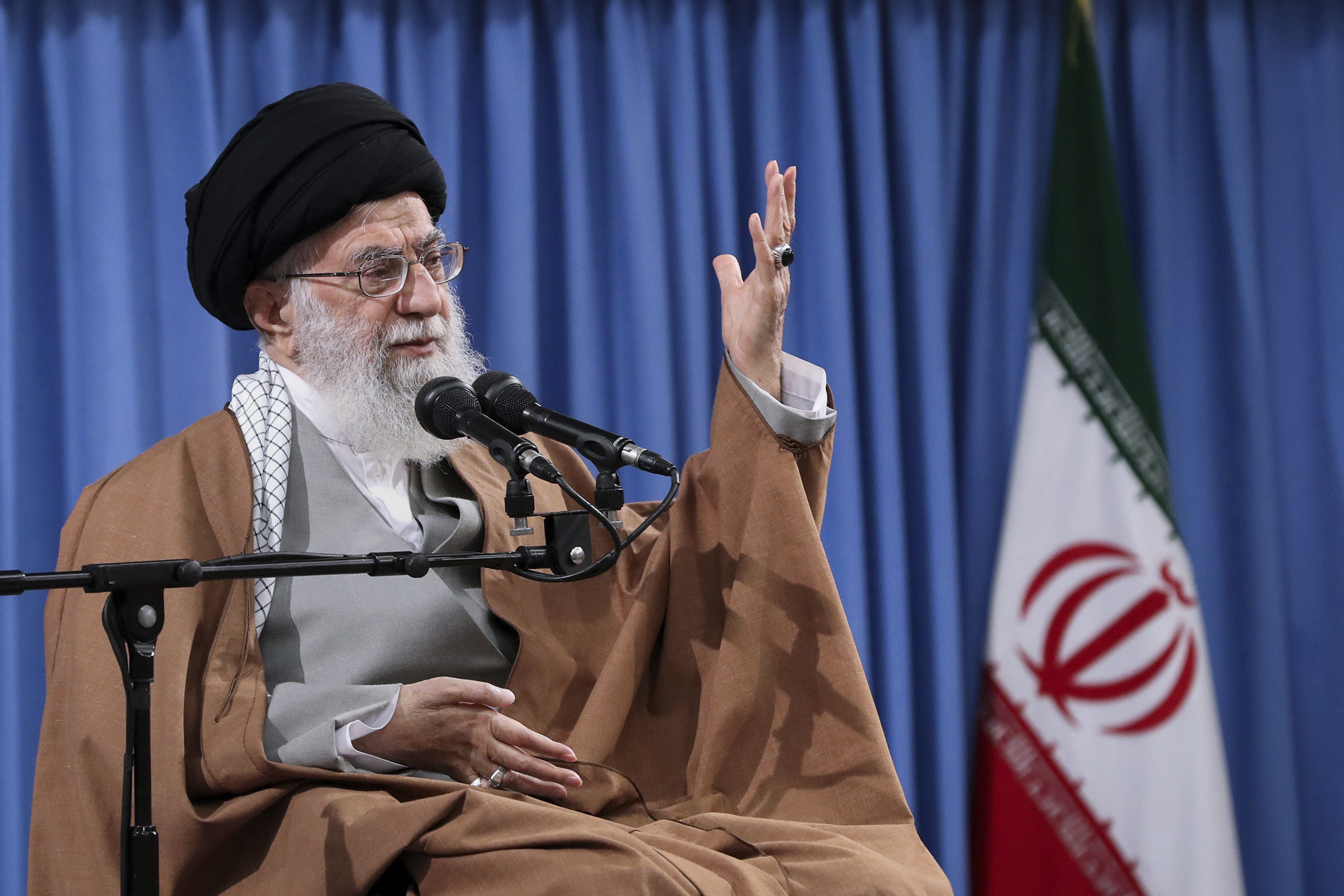 Iran's supreme leader, Ayatollah Ali Khamenei, speaks with a group of Revolutionary Guards and their families in Tehran on April 9, 2019.