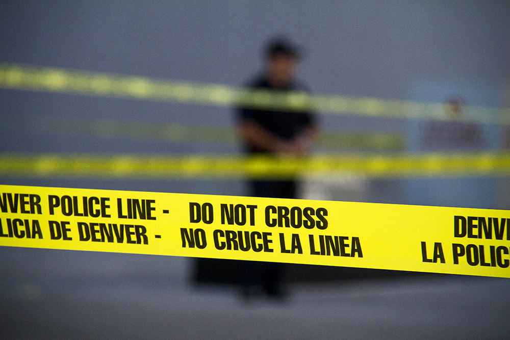Police tape on Denver's 16th Street Mall.