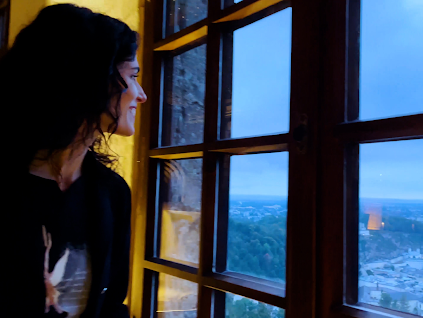 Pianist Katie Mahan at the medieval Hohensalzburg Fortress in Salzburg.