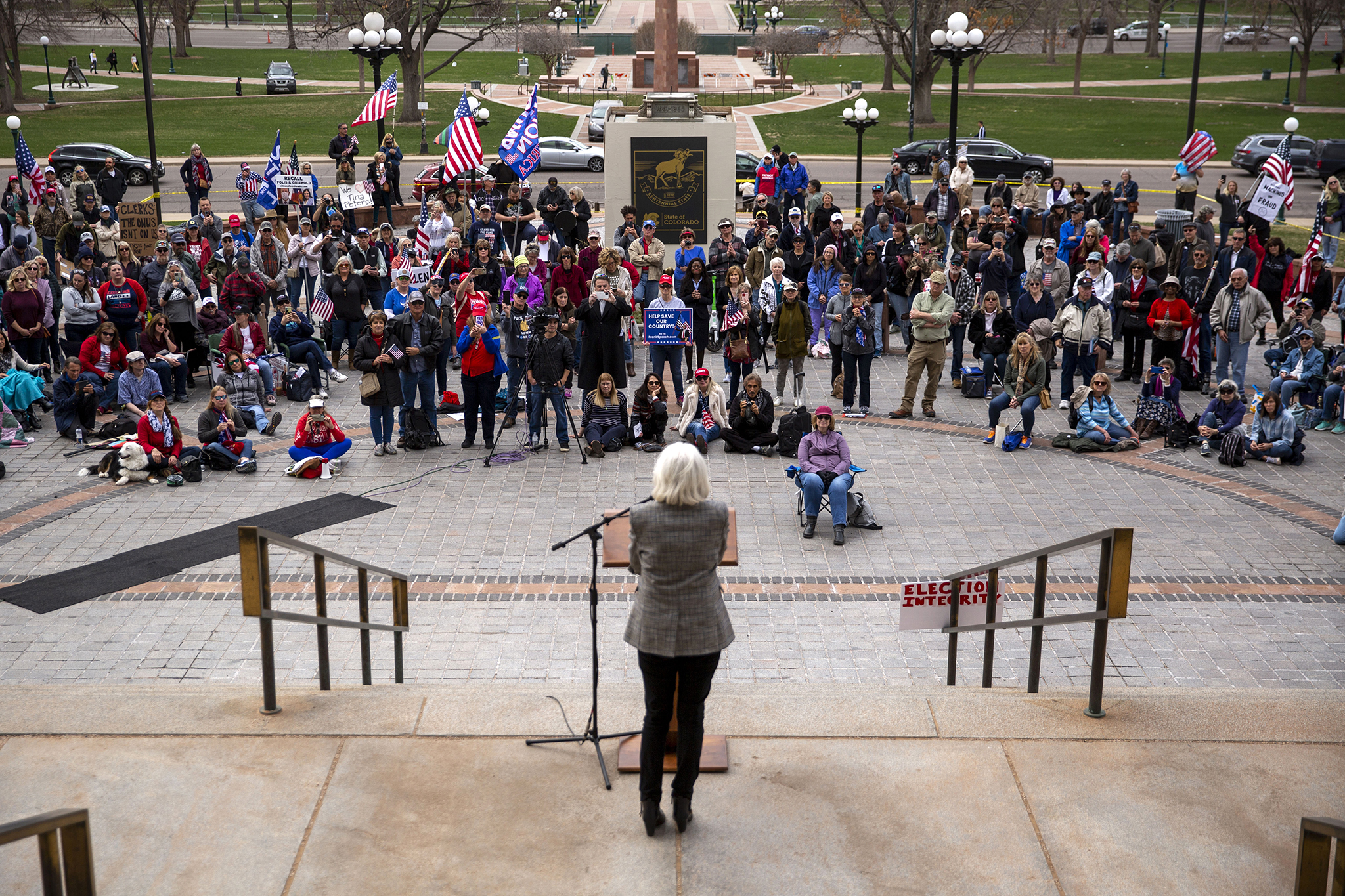 Mesa County Clerk Tina Peters speaks to a crowd of supporters from the Colorado Capitol steps. April 5, 2022.