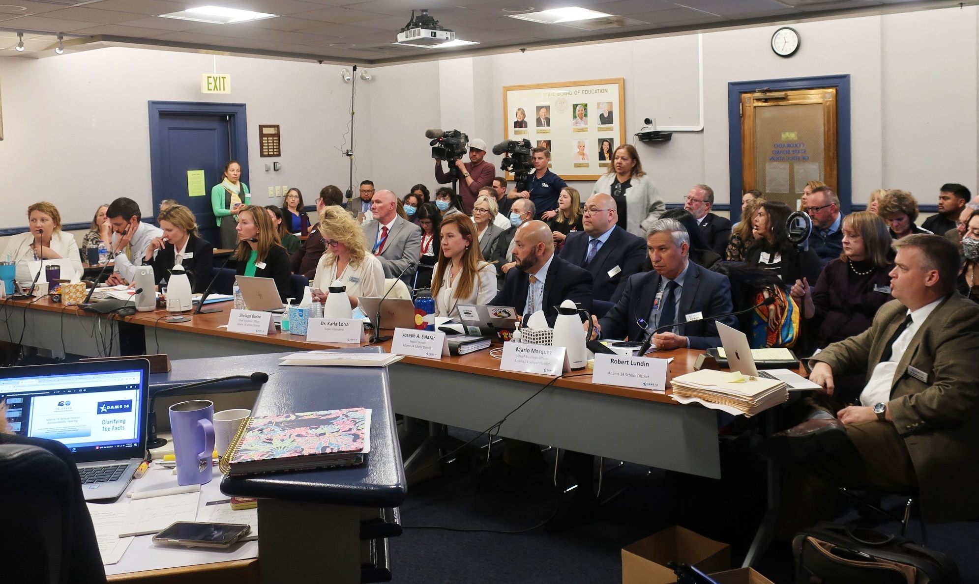 Adams 14 district officials appear before the State Board of Education in April. The board on May 10 voted to reorganize the district because of low performance and removed the district's accreditation.