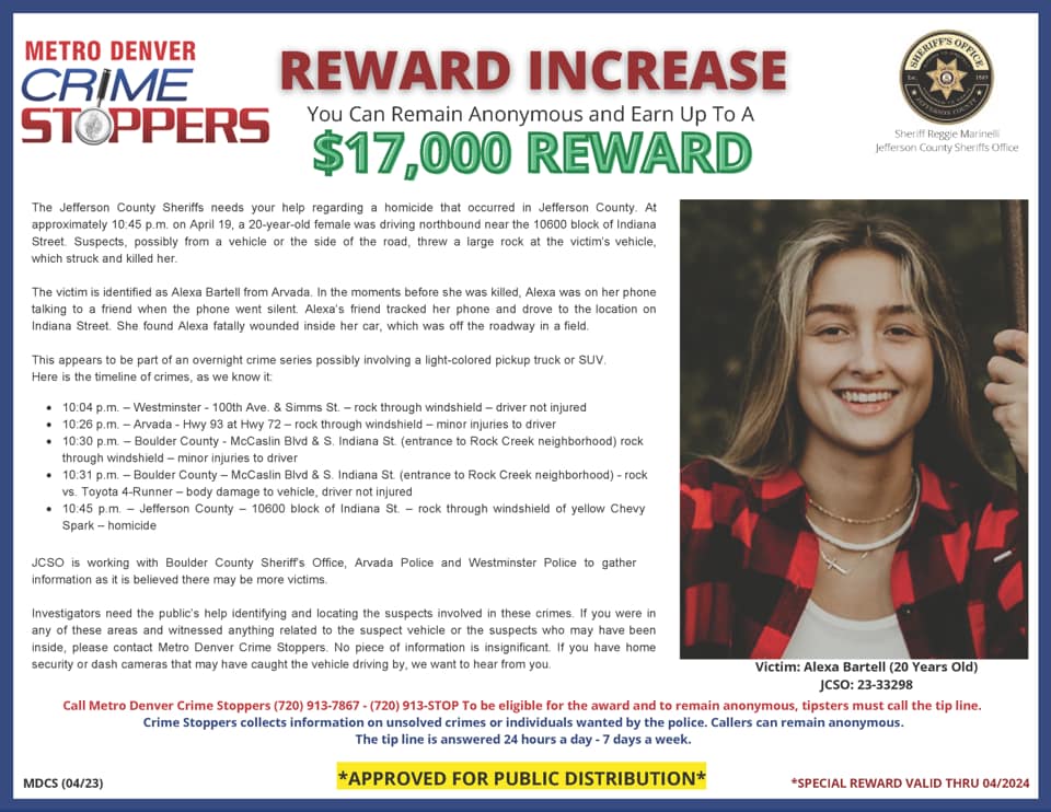 $17,000 reward offered in death of Arvada woman killed by large rock thrown through windshield - Vimarsana News