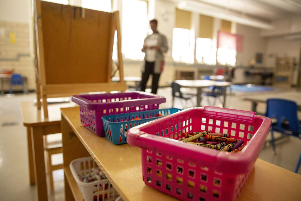 Art supplies on the shelf in Shaniq Wells' before- and after-school childcare classroom at Trevista at Horace Mann in Sunnyside. April 8, 2022.