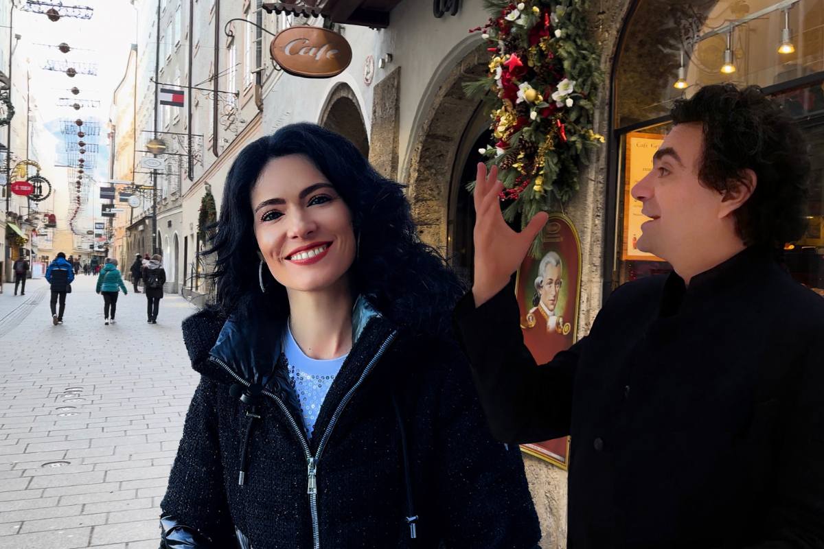 Pianist Katie Mahan and tenor Rolando Villazon visiting the street where Mozart lived in Salzburg.