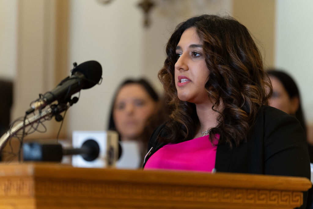 Rep. Yara Zokaie speaks at a press conference