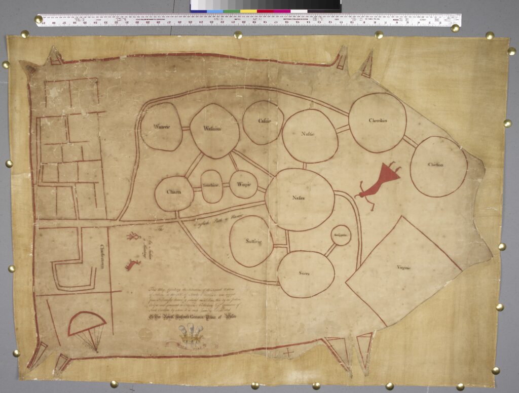 Hand-drawn deerskin map from around 1720, depicting tribal nations of the Southeast with circular representations and symbolic connections.
