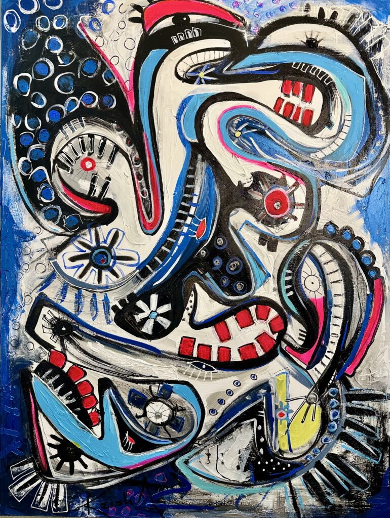 abstract painting in red, blue, black and white
