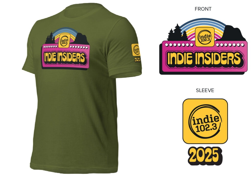 Mockup of the Indie Insiders 2025 tshirt, in olive green featuring the Indie Insiders logo on the front, Indie 102.3 logo on the sleeve in yellow, and the year 2025