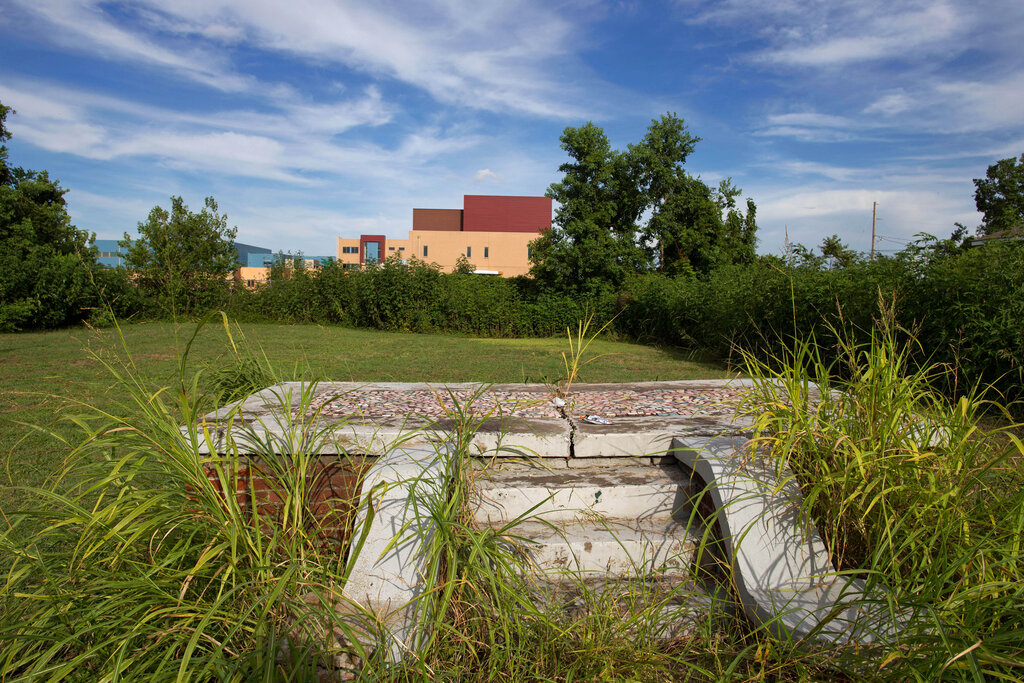 Grassy field with steps leading to an empty foundation block of a former home
