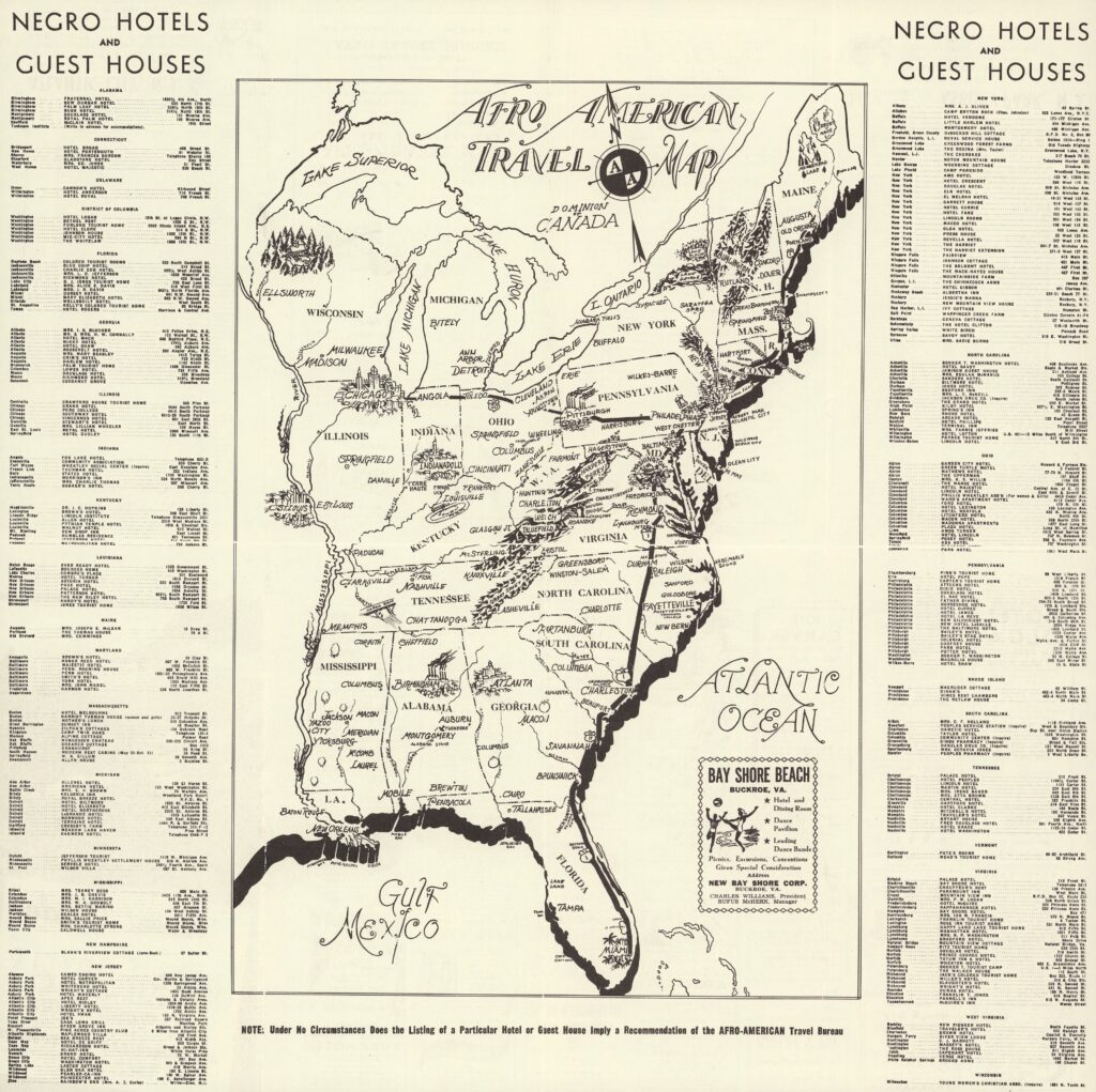 Drawing of a map showing safe places for Black Americans to travel in the Jim Crow era.