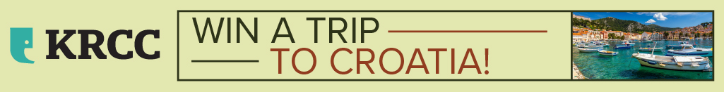 KRCC logo. Win a trip to Croatia! A seaside town with a marina in azure waters.