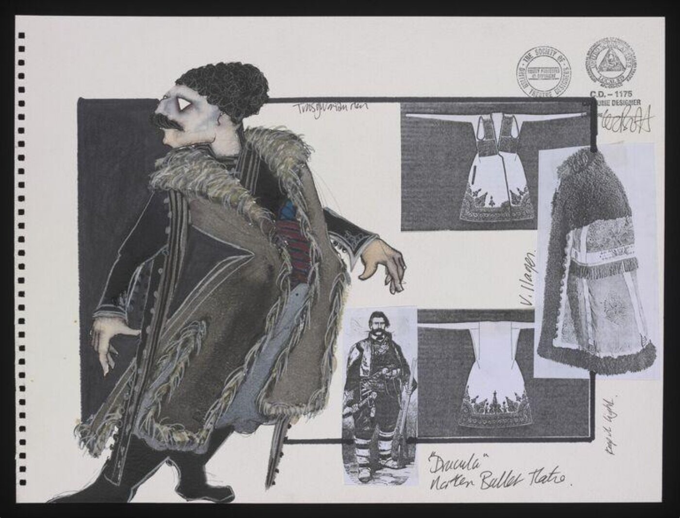 Costume design for a Transylvanian Man. The design depicts a full length male figure wearing an 1880's style Transylvanian peasant costume adapted for ballet performance. The costume consists a long, fur lined coat worn over grey baggy trousers, a black underjacket, and a broad blue and red sash tied around the waist. The figure also wears black boots and a black astrakhan hat. Four photocopies depicting Eastern European peasant costume have been glued to the right of the figure. The design has been stamped by the "Society of British Theatre Designers" and the "International Brotherhood of Painters and Allied Trades United Scenic Artists" in the upper right hand corner. Signed by the artist.