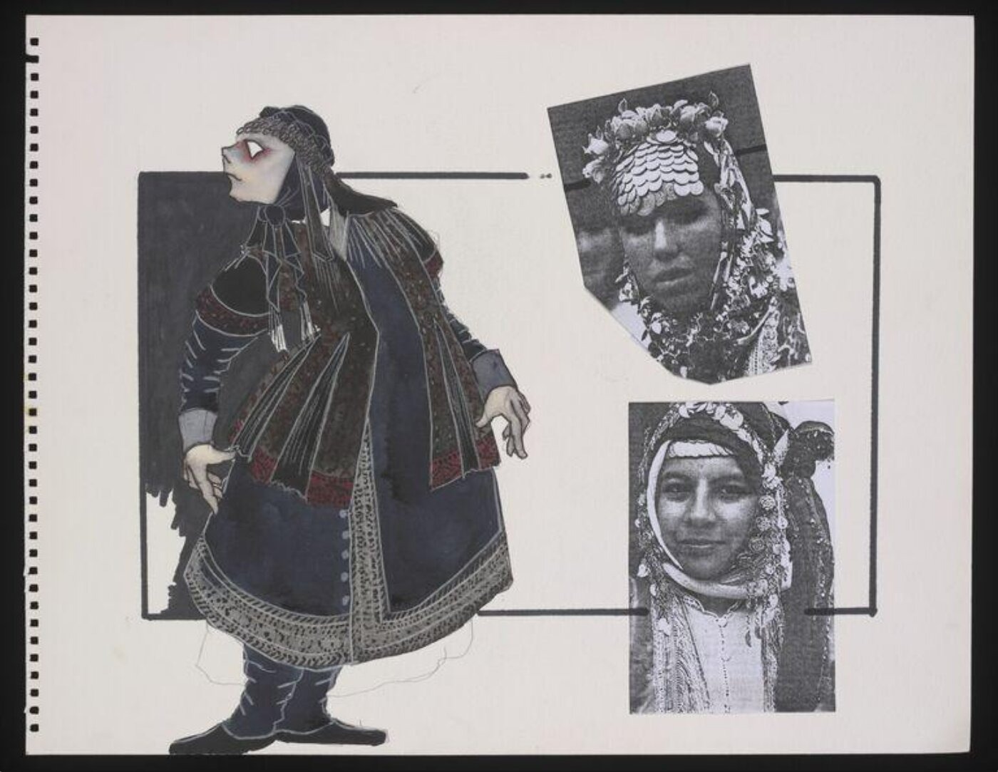 Costume design for a Transylvanian Woman. The design depicts a full length female figure wearing an 1880's style Transylvanian peasant costume adapted for ballet performance. The costume consists a dark blue calf length dress with decorative silver borders and buttons worn under a black jacket. The figure also wears black boots and a black headscarf decorated with coins. Two photocopies depicting Eastern European peasant headdresses have been glued to the right of the figure. Unsigned by the artist. On the reverse is a pencil drawing of a male head.