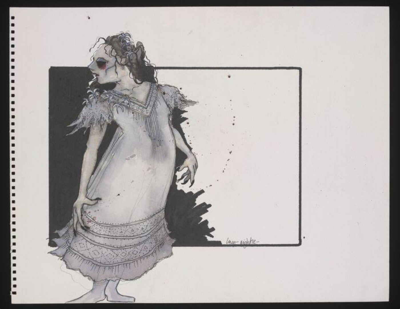 Costume design for Lucy. The design depicts a full length female figure wearing an 1880's style nightdress adapted for ballet performance. Unsigned by the artist.