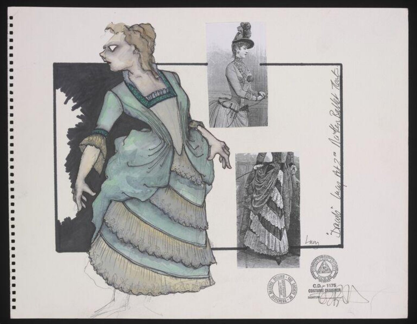 Costume design for Lucy. The design depicts a full length female figure wearing an 1880's style costume adapted for ballet performance. The costume consists of a tight fitting light blue and white bodice with half length sleeves, worn over a light blue skirt with bustle trimmed with pleated yellow lace. Attached to the right of the figure are two photocopies of contemporary late 19th century drawing showing a woman's bodice and skirt. The design has been stamped by the "Society of British Theatre Designers" and the "United Scenic Artists International Brotherhood of Painters and Allied Trades". Signed by the artist.